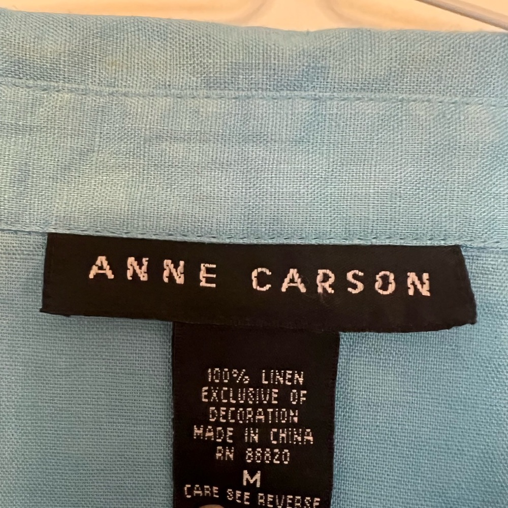 Anne Carson 100% Linen Aqua Blue Button Down 3/4 Sleeve Embellished size M - Picture 3 of 13